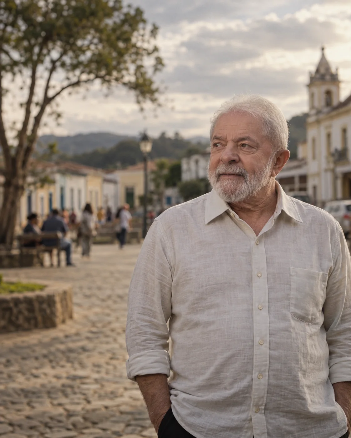 Ilustração fotográfica de Lula numa praça brasileira, com moradores e casas ao fundo