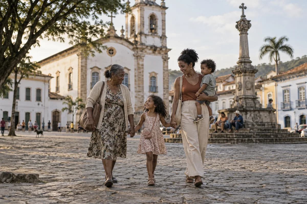 Ilustração fotográfica de três gerações de uma família numa praça brasileira