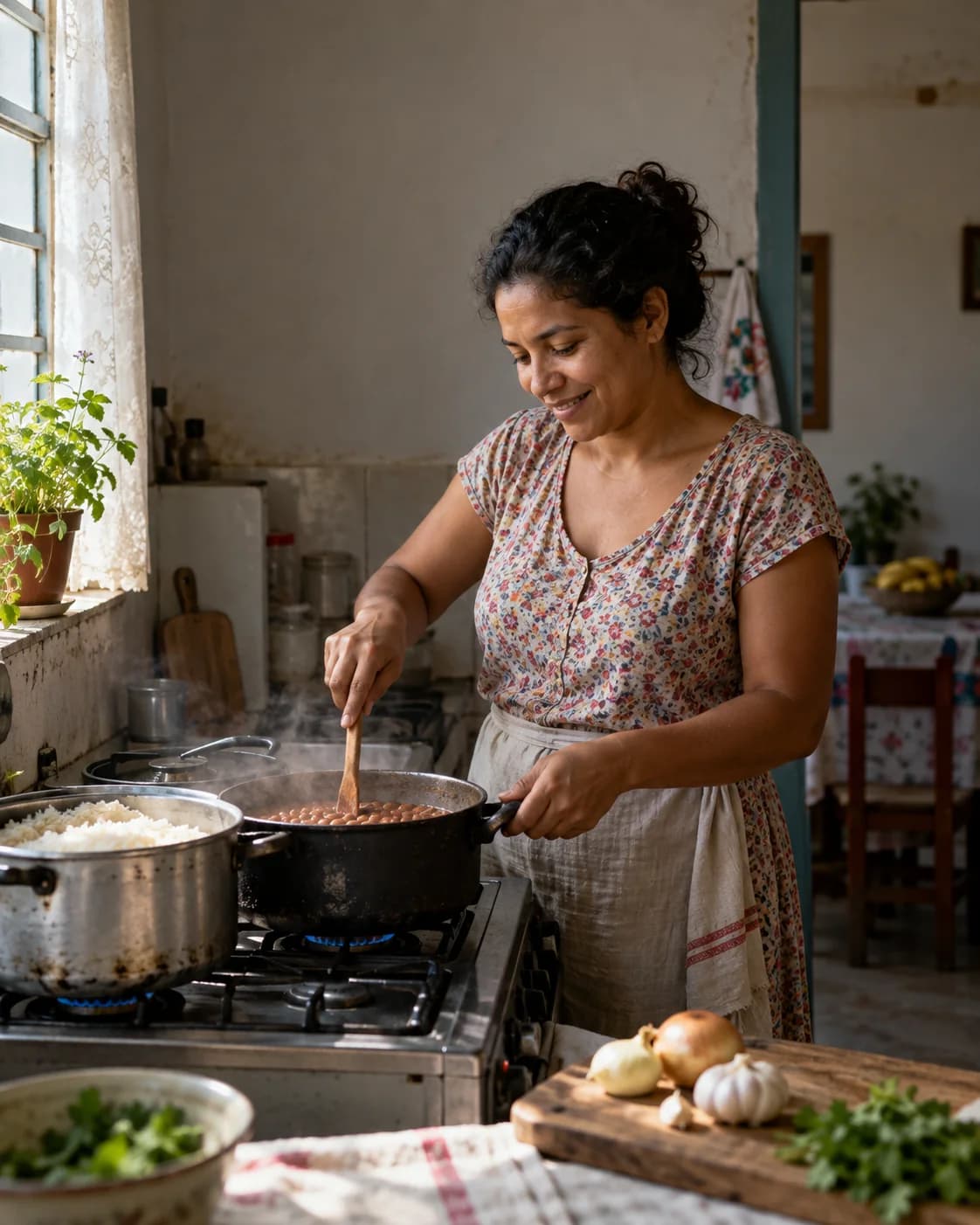 Ilustração fotográfica de uma mulher preparando arroz e feijão numa cozinha brasileira