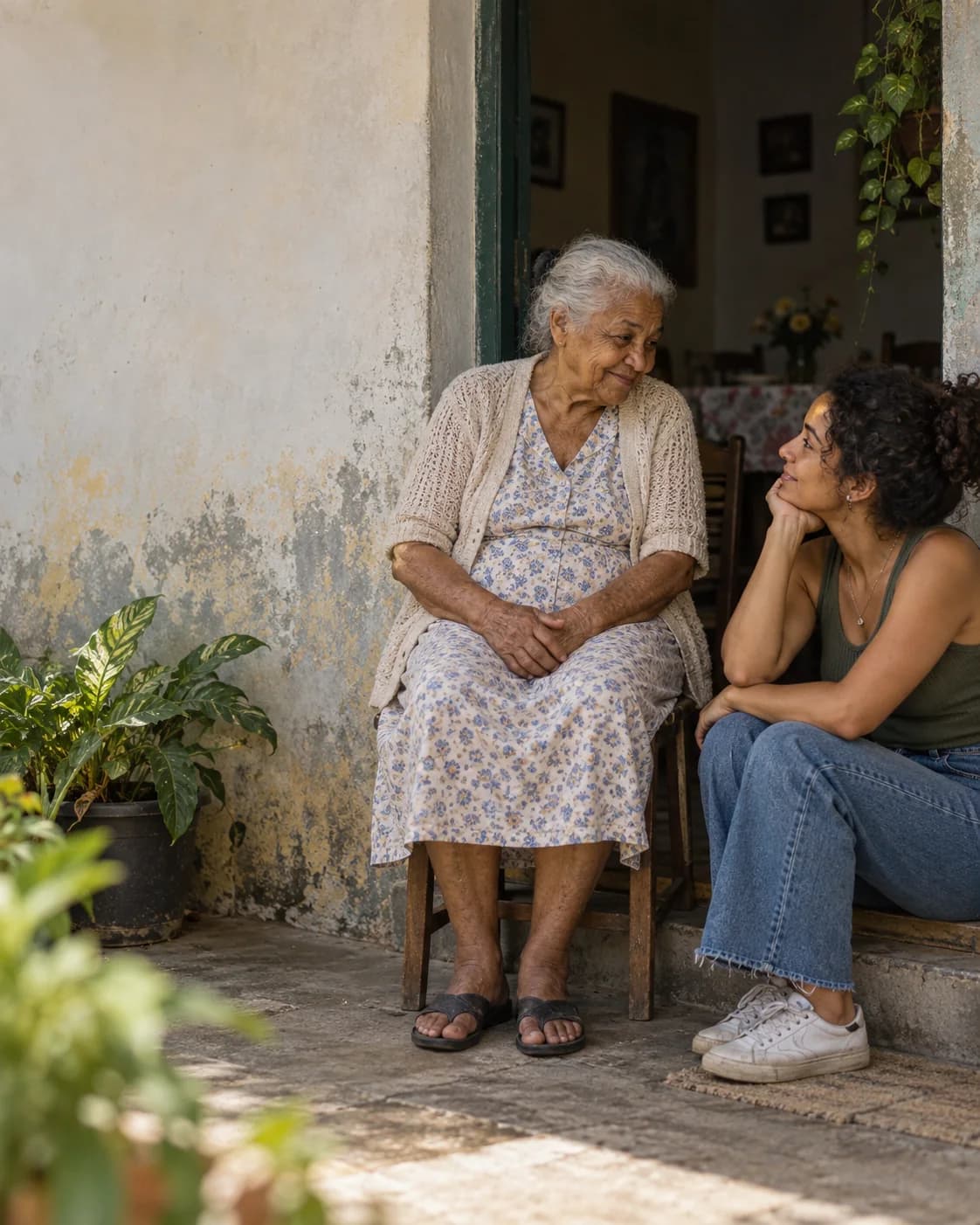 Ilustração fotográfica de uma avó conversando com a neta adulta na porta de casa