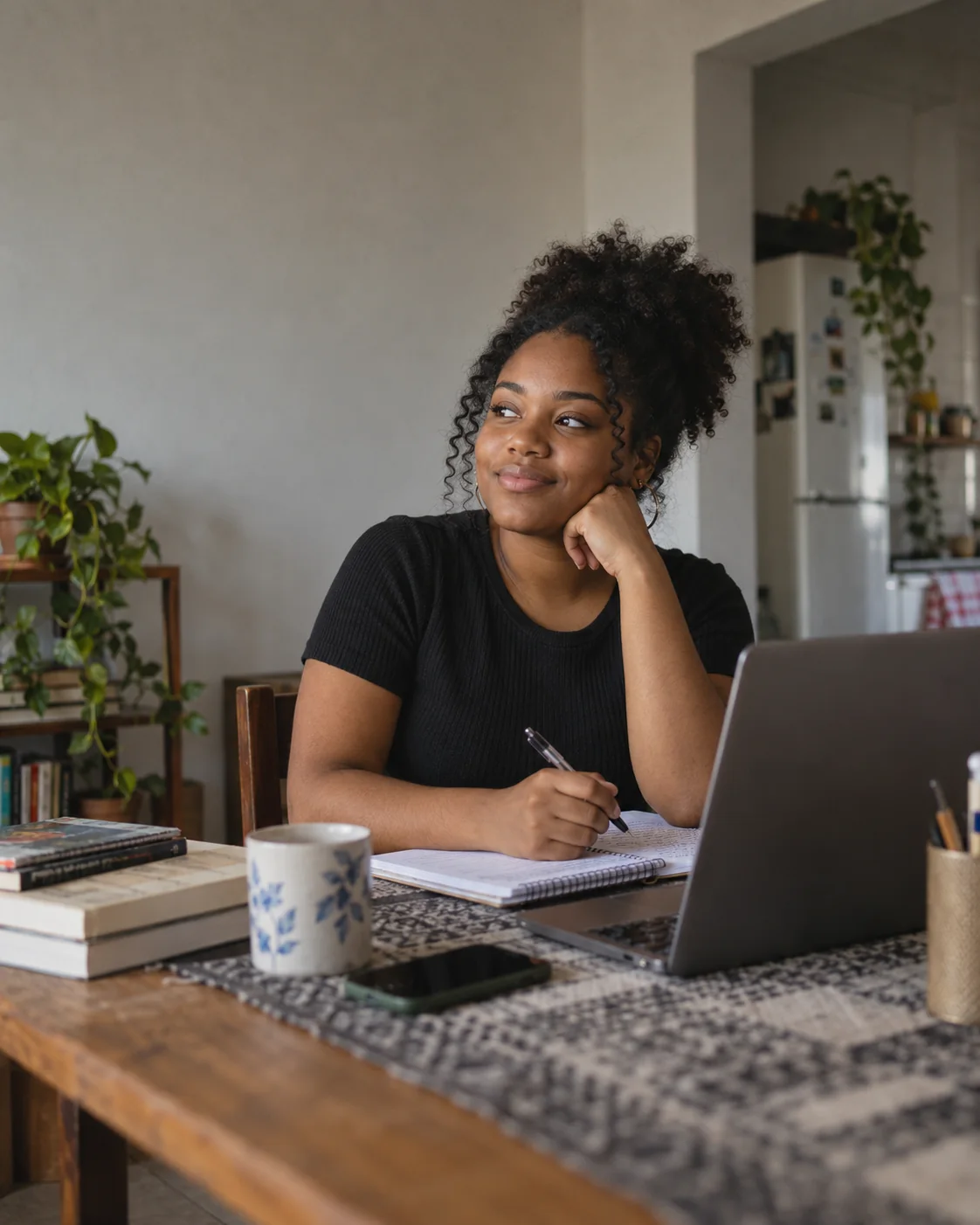 Ilustração fotográfica de um jovem negro estudando junto a um computador numa casa brasileira
