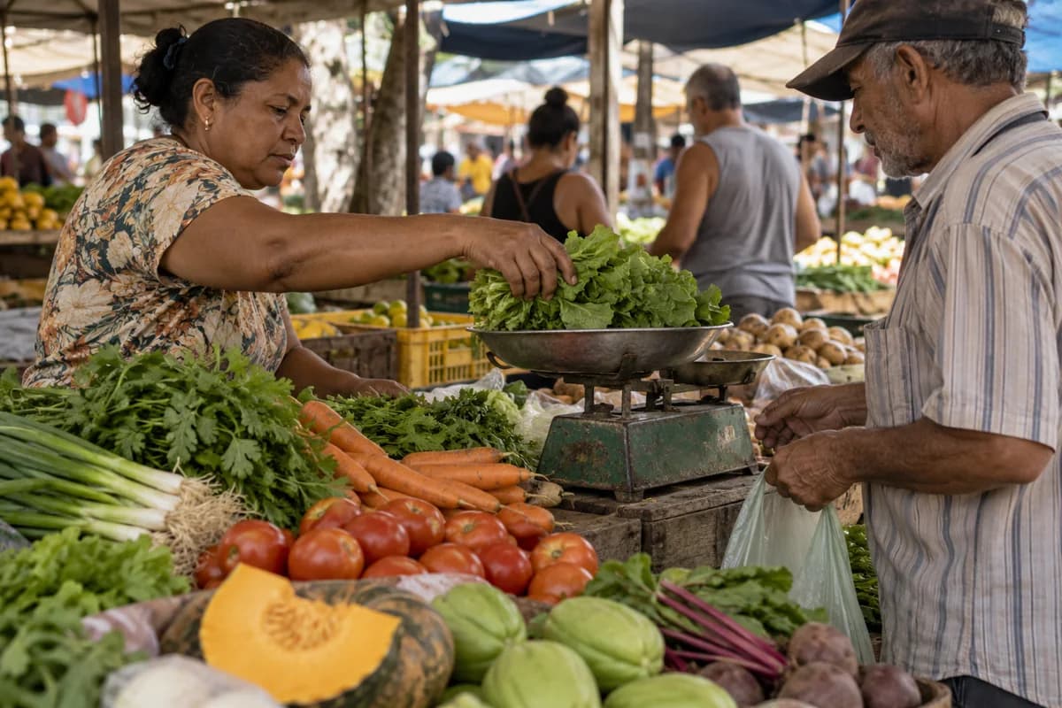 Ilustração fotográfica de mãos pesando verduras numa feira brasileira
