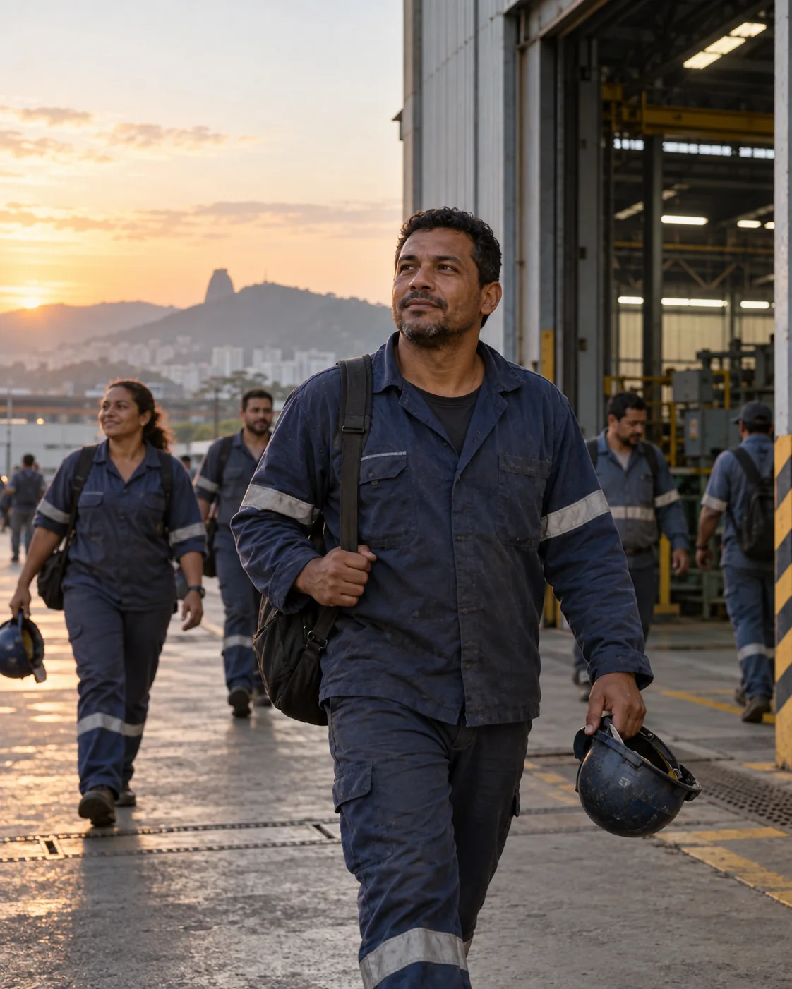 Ilustração fotográfica de um trabalhador chegando a uma oficina