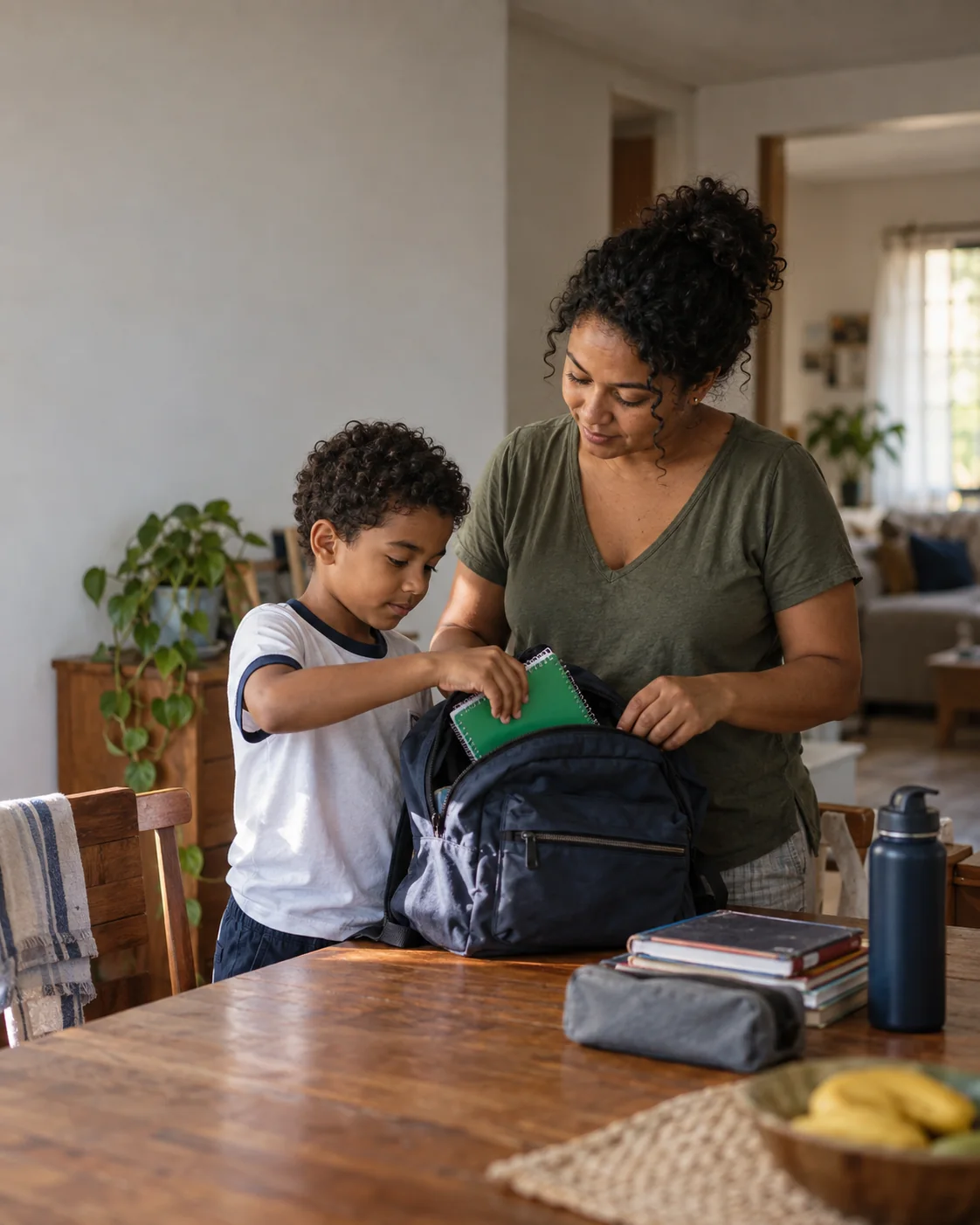 Ilustração fotográfica de uma mãe preparando a mochila de uma criança em casa