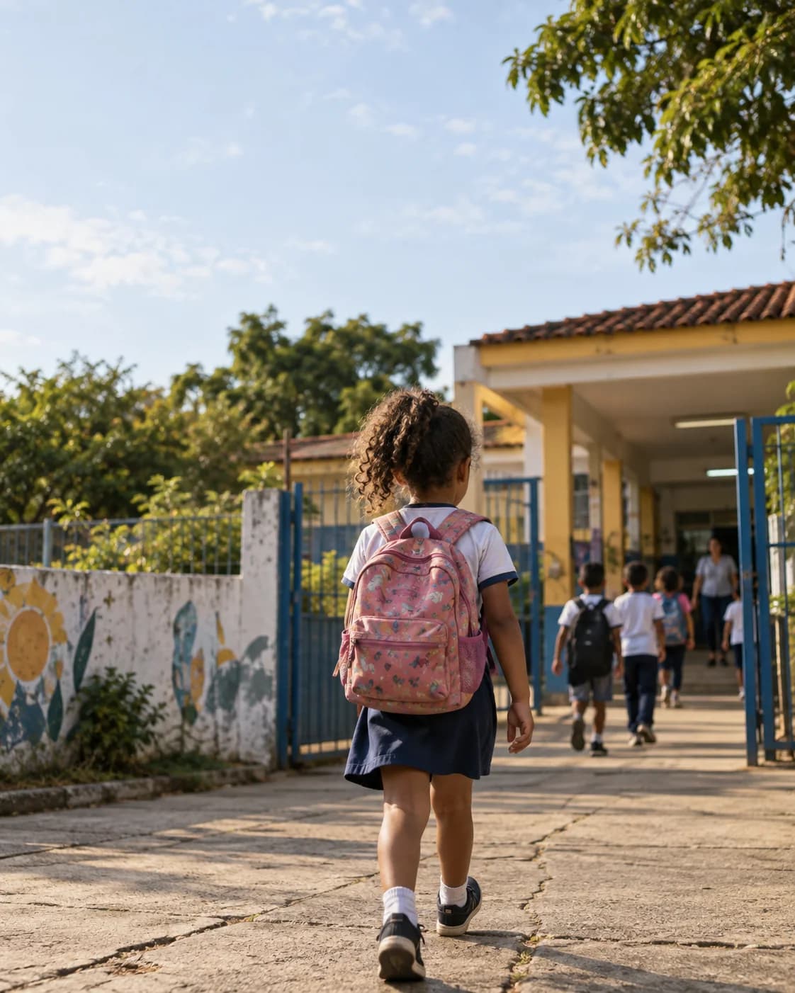 Ilustração fotográfica de uma criança indo de mochila para uma escola pública