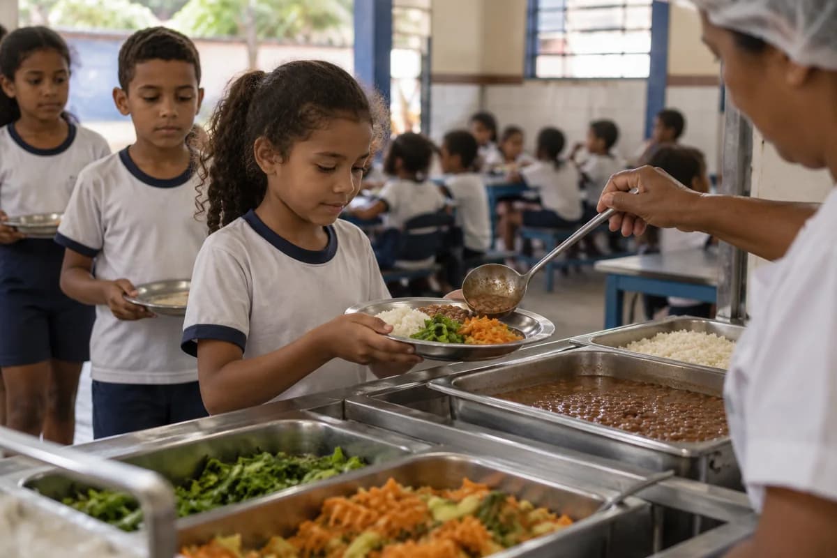 Ilustração fotográfica de uma refeição sendo servida na escola