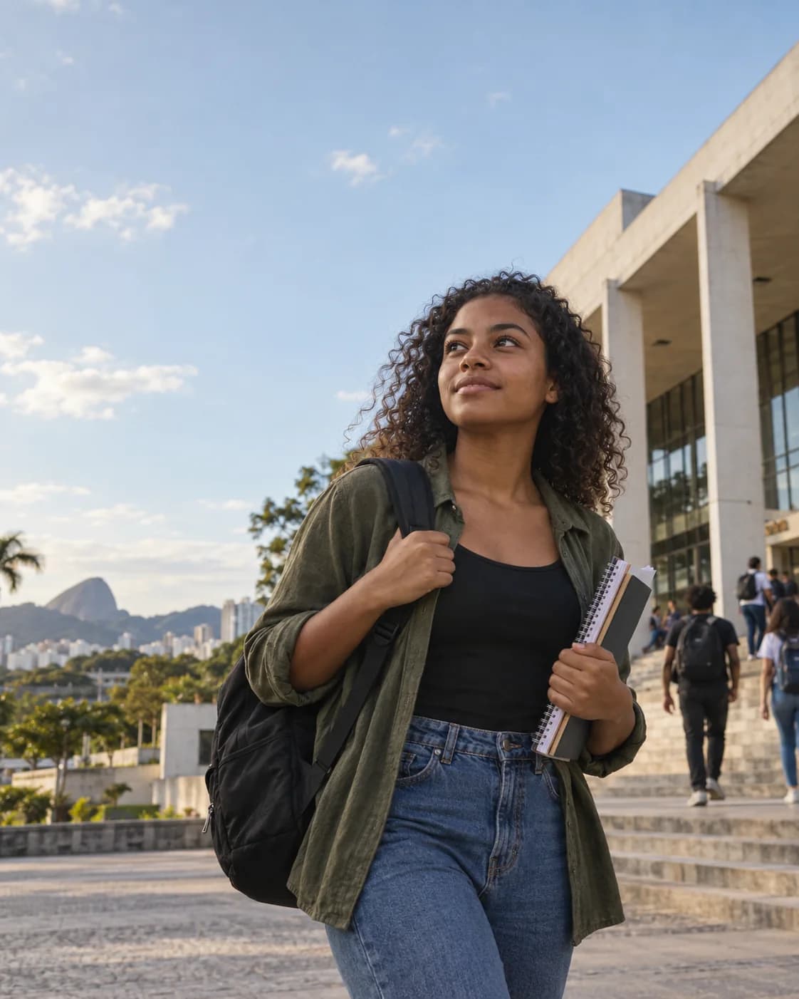 Ilustração fotográfica de uma jovem chegando a um campus universitário