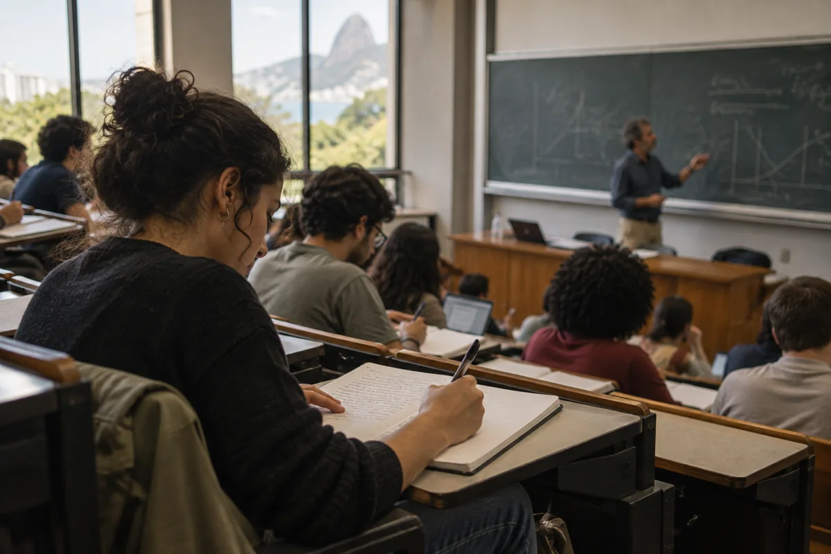 Ilustração fotográfica de mãos fazendo anotações numa aula universitária