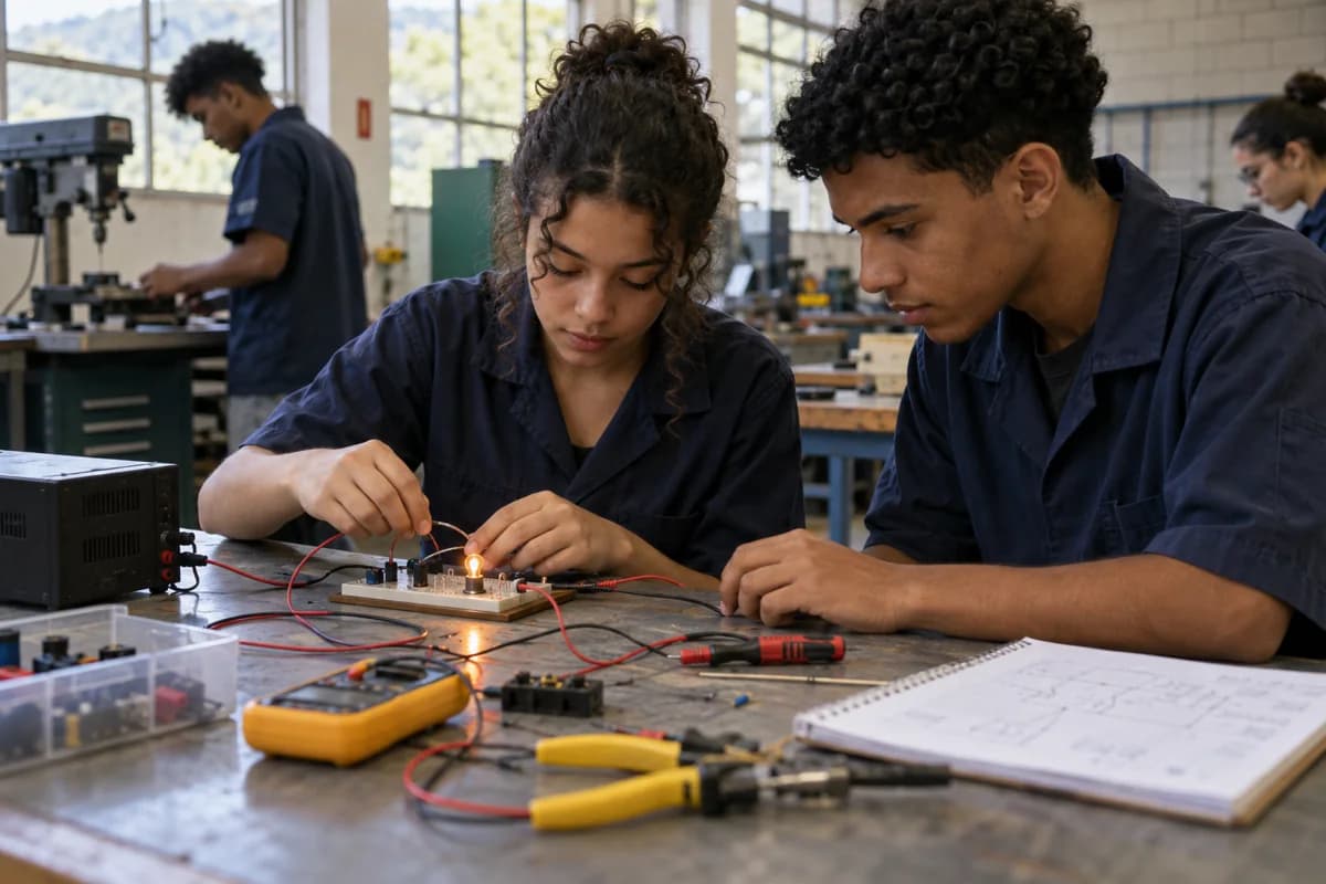Ilustração fotográfica de mãos montando um circuito numa bancada de aprendizagem
