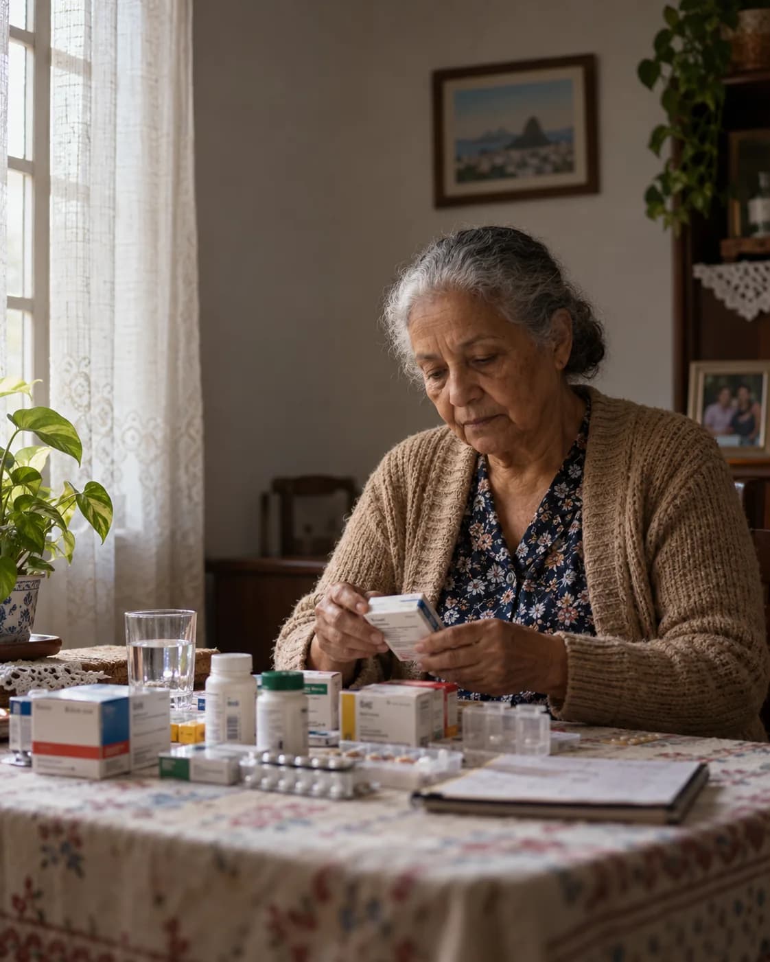 Ilustração fotográfica de uma mulher organizando medicamentos junto à janela