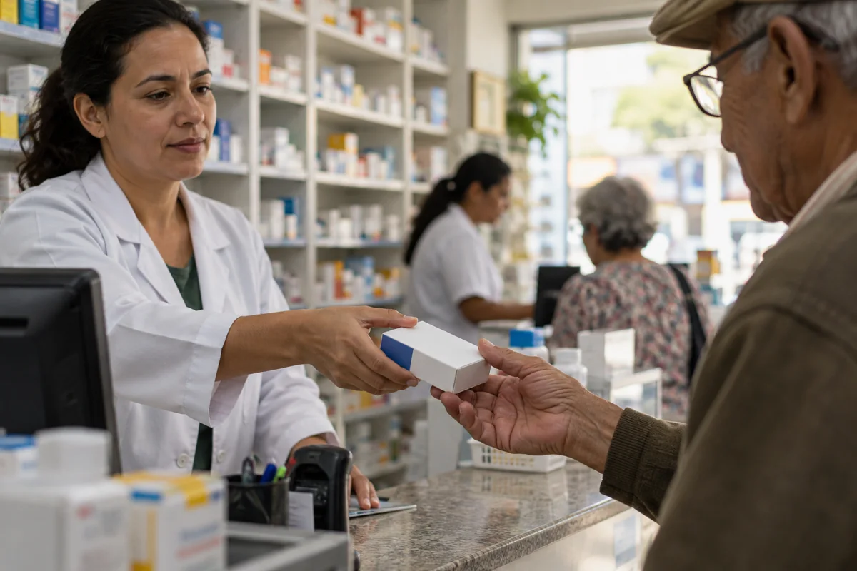 Ilustração fotográfica de um medicamento sendo entregue no balcão de uma farmácia
