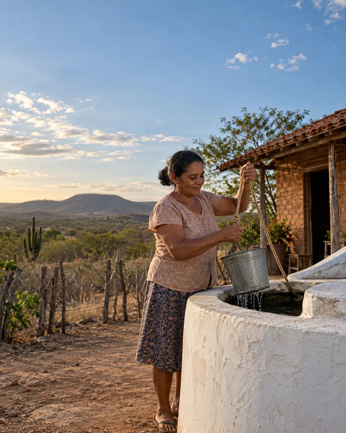 Ilustração fotográfica de uma cisterna junto a uma casa no semiárido