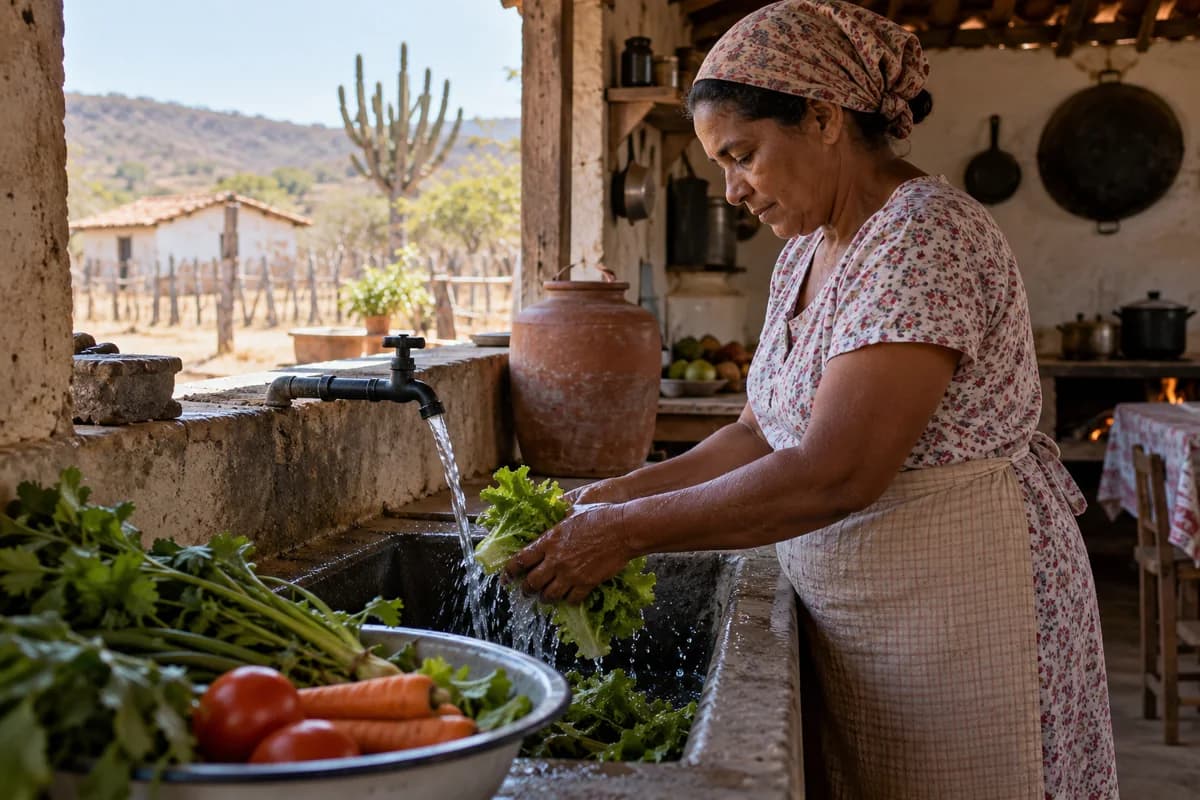 Ilustração fotográfica de mãos lavando verduras numa cozinha rural