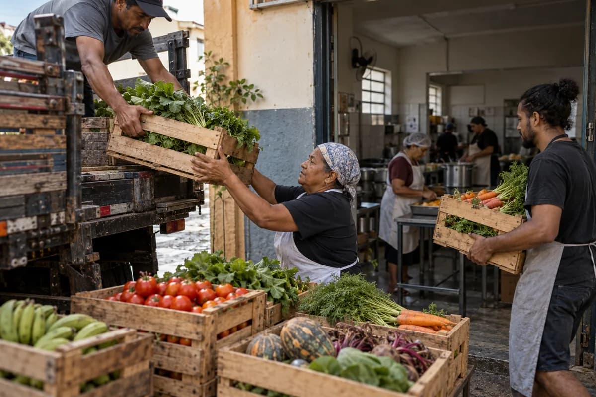 Ilustração fotográfica de caixas de legumes chegando a uma cozinha comunitária