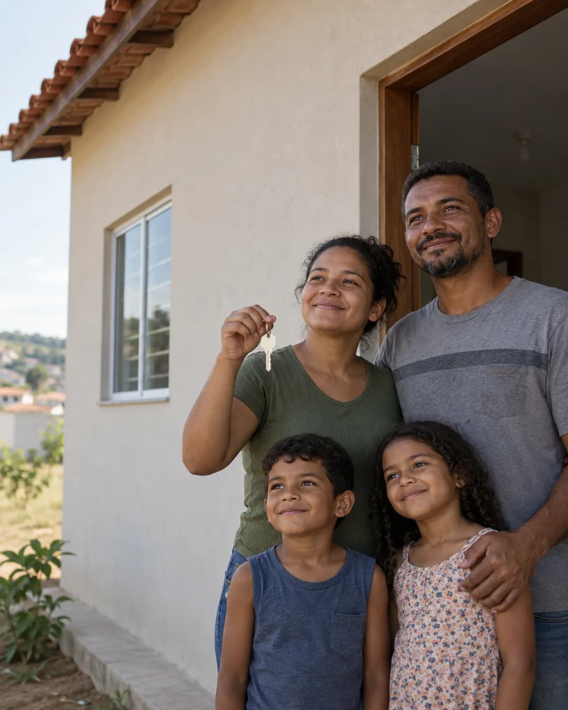 Ilustração fotográfica de uma família com a chave na porta de uma casa nova