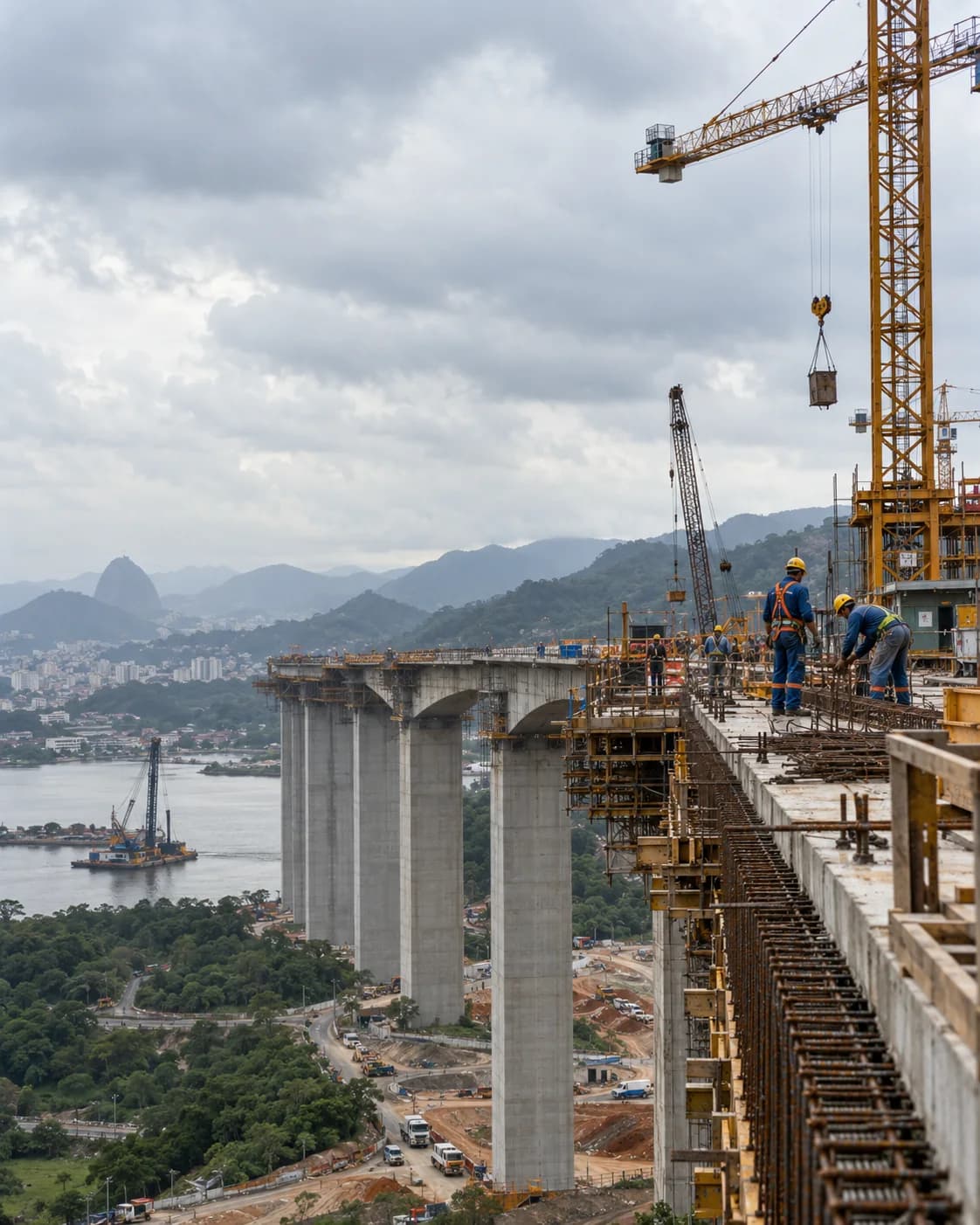 Ilustração fotográfica de uma obra de infraestrutura com viaduto e máquinas