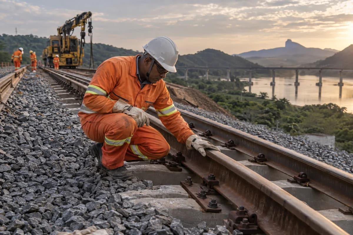 Ilustração fotográfica de um trabalhador conferindo uma linha ferroviária