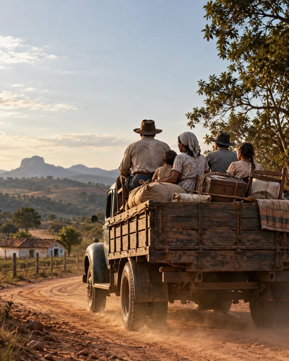 Reconstrução fotográfica por IA de um caminhão de migrantes numa estrada rural dos anos 1950