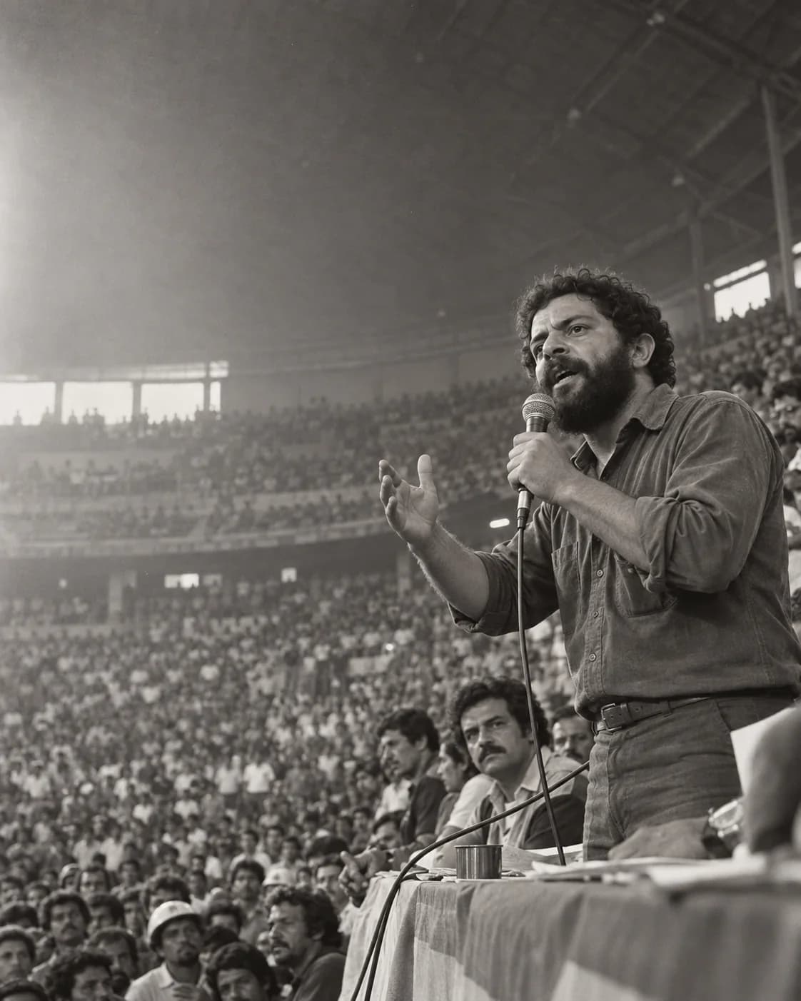 Reconstrução fotográfica por IA de Lula jovem diante de metalúrgicos num estádio