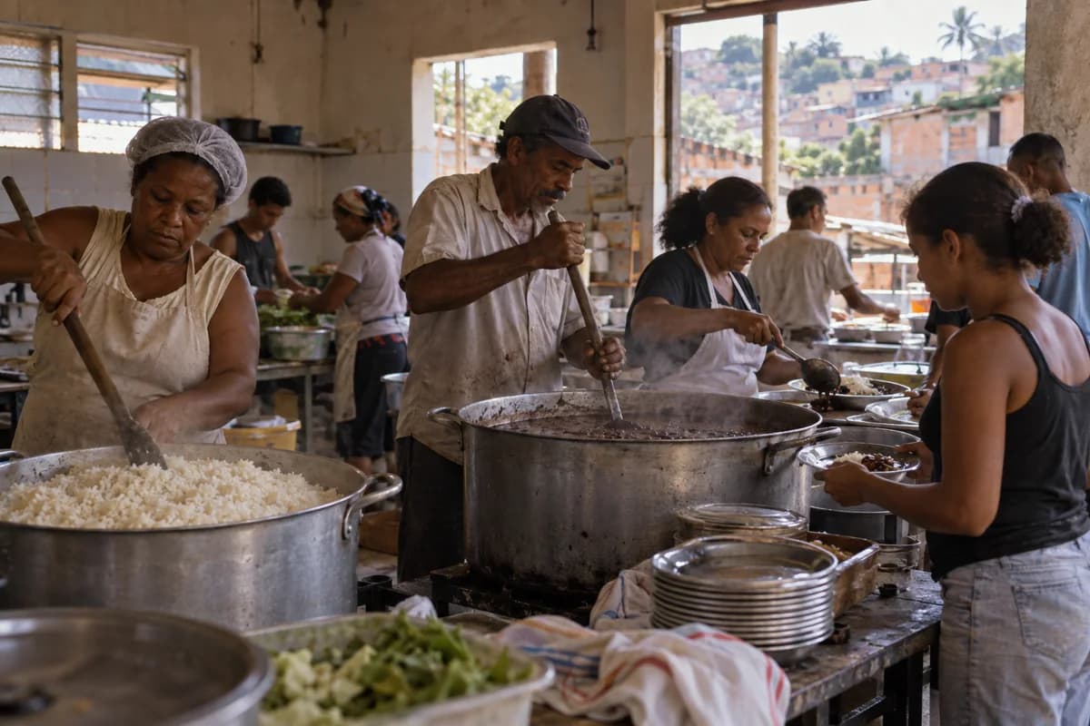 Reconstrução fotográfica por IA de uma cozinha comunitária preparando comida
