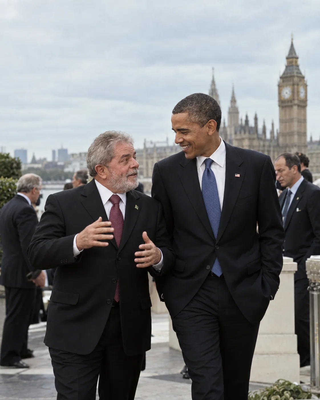 Reconstrução fotográfica por IA de Lula e Barack Obama num encontro em 2009
