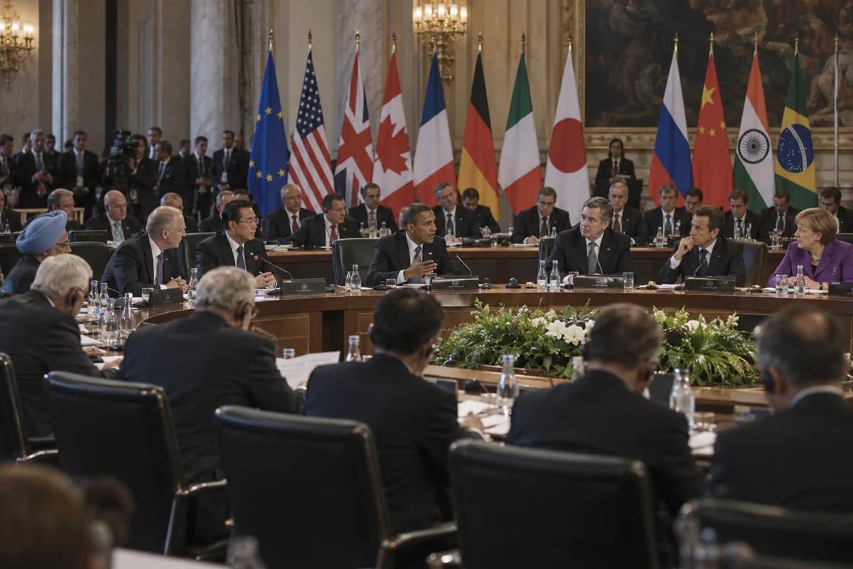 Reconstrução fotográfica por IA de uma reunião diplomática do G20 de 2009