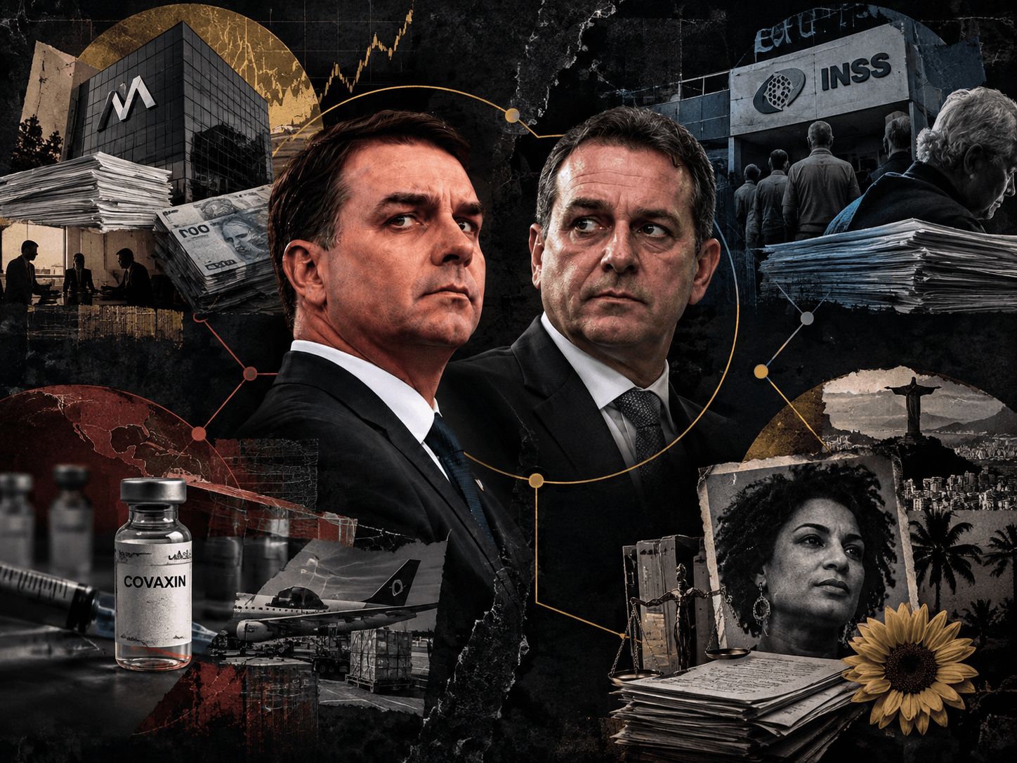 Composição gráfica conecta Flávio Bolsonaro e Willer Tomaz aos eixos Banco Master, INSS, Covaxin e caso Marielle citados no levantamento do ICL.
