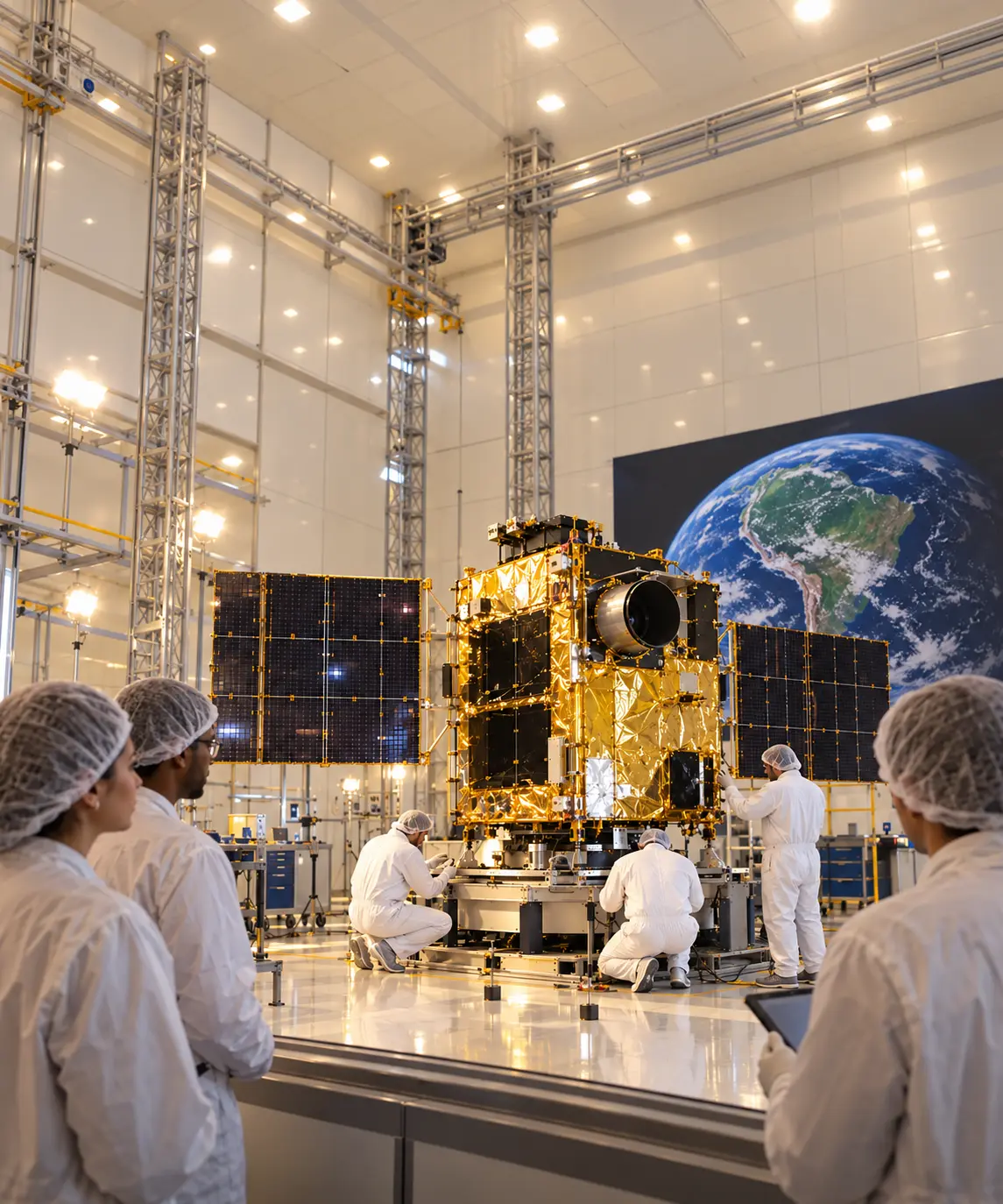 Equipe de ciência e tecnologia trabalha em um satélite